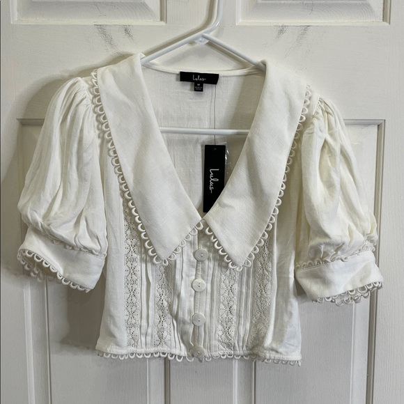 Lulus Uncommon Charm Ivory Lace Button-Up Big Collar Puff Sleeve Top M Boho NWT - Picture 5 of 12